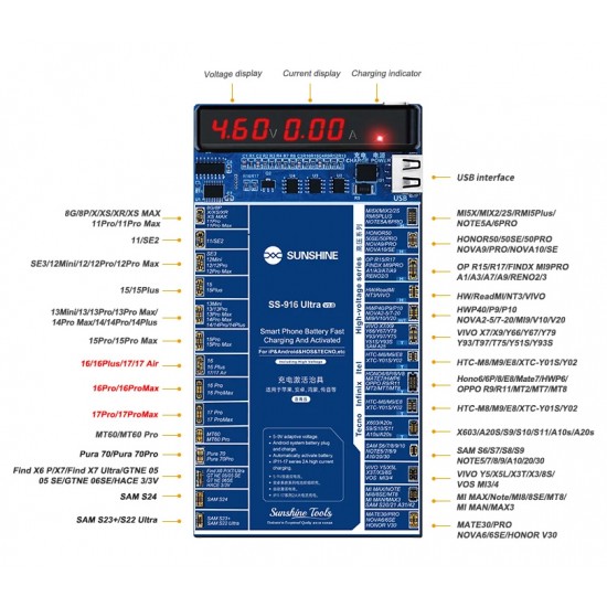 SUNSHINE tester μπαταριών SS-916 Ultra για Apple & Android smartphone, V3.0