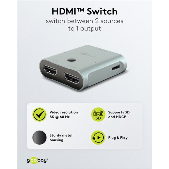 GOOBAY HDMI switch 77791, 2 σε 1, 8K/60Hz, γκρι