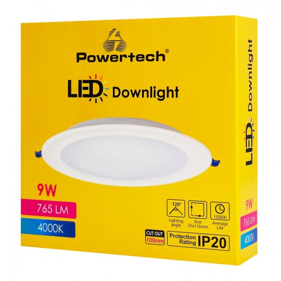 POWERTECH LED φωτιστικό downlight PT-1559, 9W, Φ116x25mm, 4000K, 765lm, λευκό