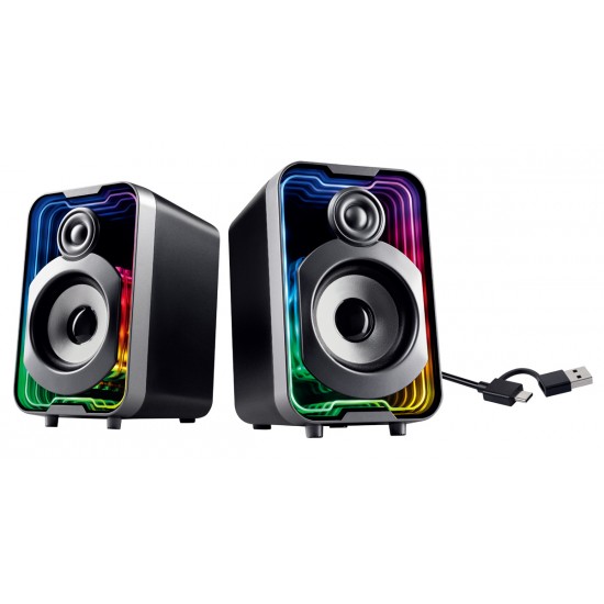 POWERTECH ηχεία PT-1575 με RGB φωτισμό, 2x 5W, Bluetooth & USB/USB-C, μαύρα
