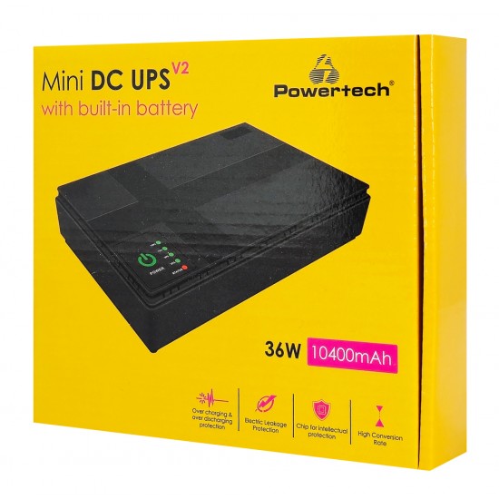 POWERTECH mini DC UPS PT-1435, 36W, 10400mAh, 3x DC, USB/LAN/POE, μαύρο