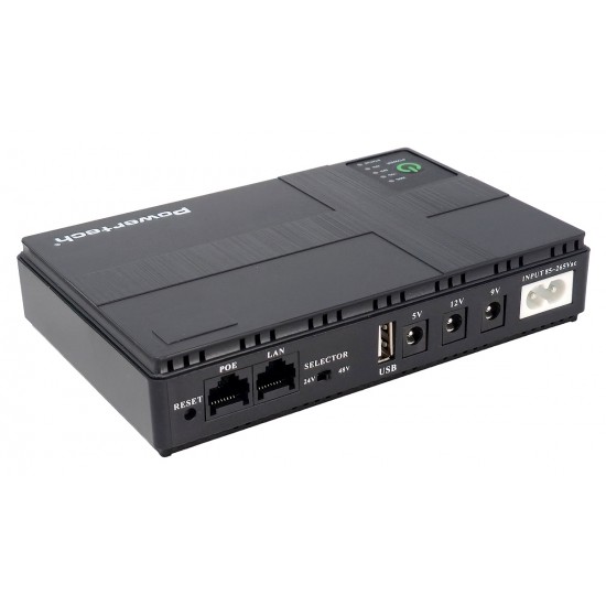 POWERTECH mini DC UPS PT-1435, 36W, 10400mAh, 3x DC, USB/LAN/POE, μαύρο