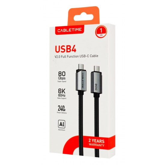 CABLETIME καλώδιο USB-C CT-USB4V2, USB4, 240W, 80Gbps, 8K/60Hz, 1m, μαύρο