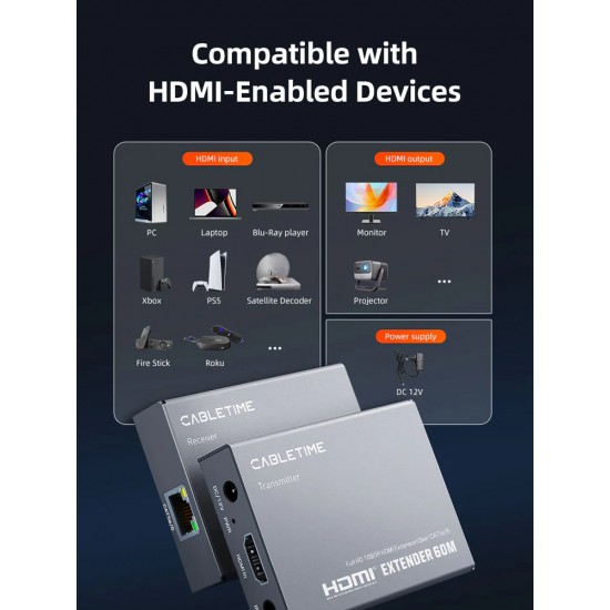 CABLETIME HDMI video extender CT-HEHD-FG60 μέσω καλωδίου RJ45, 1080p/60Hz, έως 60m