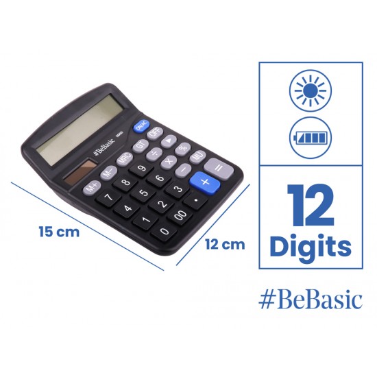 BEBASIC αριθμομηχανή S060, ηλιακό & μπαταρίας, 12 ψηφία, μαύρη