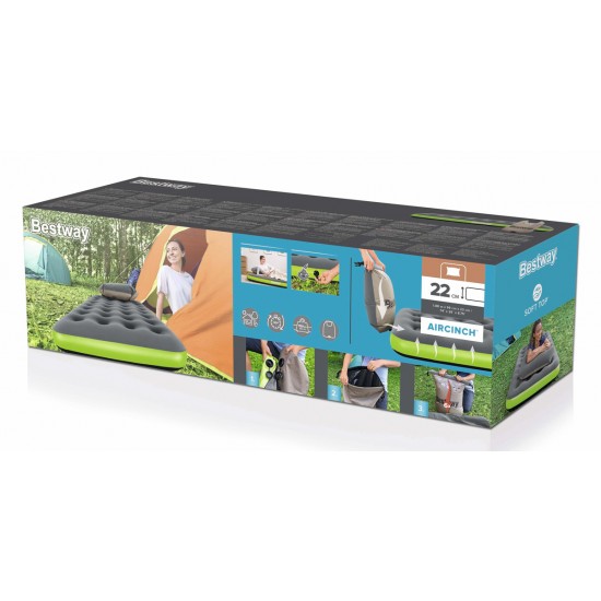 BESTWAY φουσκωτό στρώμα 67619 με 3 σε 1 τρόμπα/μαξιλάρι/τσάντα, μονό, 188x99x22cm, γκρι/πράσινο
