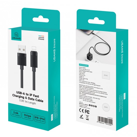 USAMS καλώδιο Lightning σε USB SJ778, 2.4A, 480Mbps, 1m, μαύρο