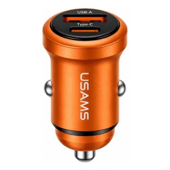 USAMS φορτιστής αυτοκινήτου CC322, USB & USB-C, 30W, πορτοκαλί