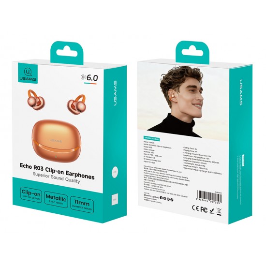 USAMS earphones με θήκη φόρτισης Echo R03, OWS, Φ11mm, 40/300mAh, πορτοκαλί