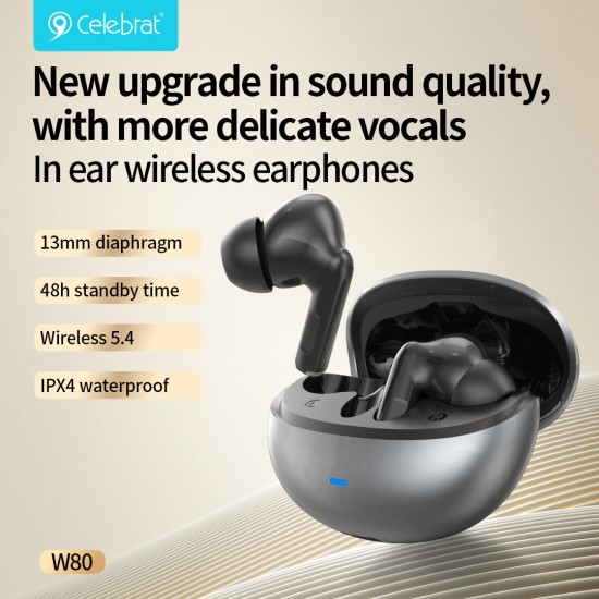 CELEBRAT earphones με θήκη φόρτισης W80, True Wireless, 13mm, 30/230mAh, λευκά