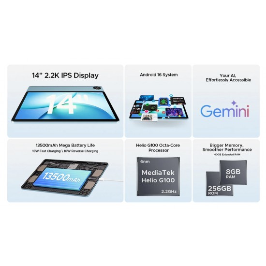DOOGEE tablet Tab E3 Max, 14", 8/256GB, 4G, Android 16, 13500mAh, γκρι