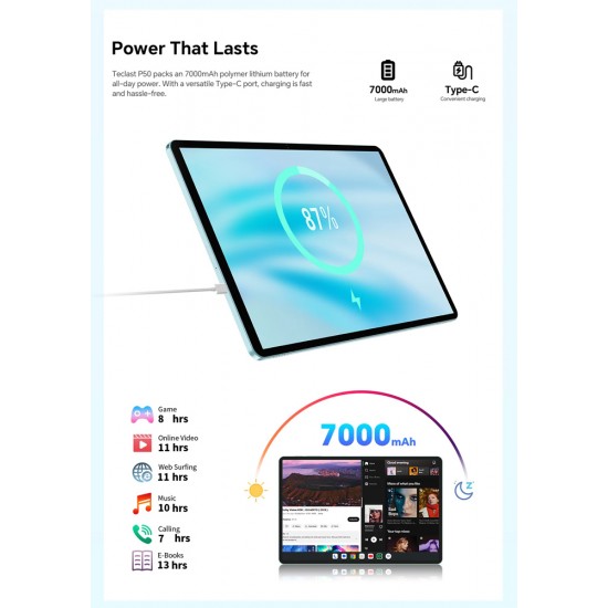 TECLAST tablet P50 με πληκτρολόγιο/στυλό αφής/θήκη, 11", 4/128GB, 4G, Android 15, 7000mAh, μπλε