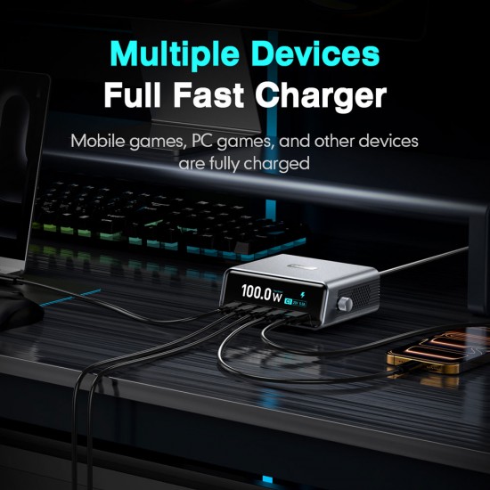POWERTECH σταθμός φόρτισης PT-1622 με οθόνη, USB & 4x USB-C, GaN, 100W, ασημί