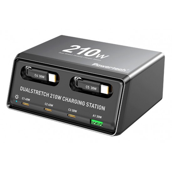 POWERTECH σταθμός φόρτισης PT-1623, USB/3x USB-C/2x USB-C καλώδια, GaN, 160W, μαύρος
