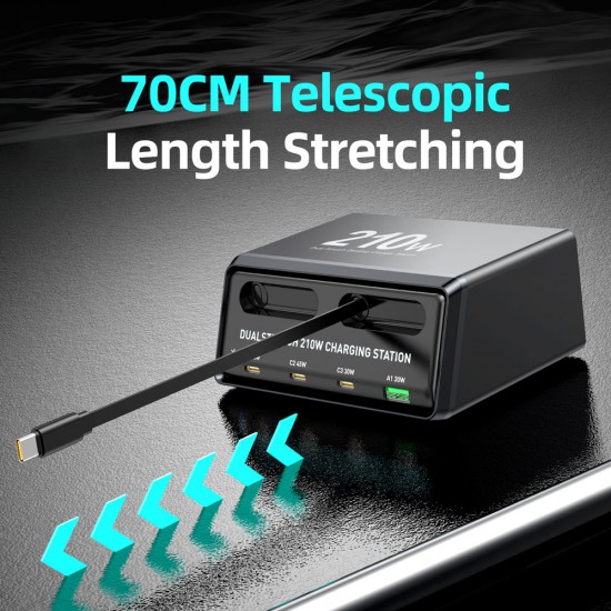 POWERTECH σταθμός φόρτισης PT-1623, USB/3x USB-C/2x USB-C καλώδια, GaN, 160W, μαύρος