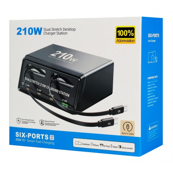 POWERTECH σταθμός φόρτισης PT-1623, USB/3x USB-C/2x USB-C καλώδια, GaN, 160W, μαύρος