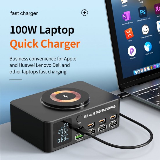 POWERTECH σταθμός φόρτισης PT-1625 με οθόνη, 4x USB/4x USB-C/wireless, 140W, μαύρος