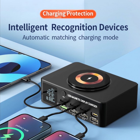 POWERTECH σταθμός φόρτισης PT-1625 με οθόνη, 4x USB/4x USB-C/wireless, 140W, μαύρος