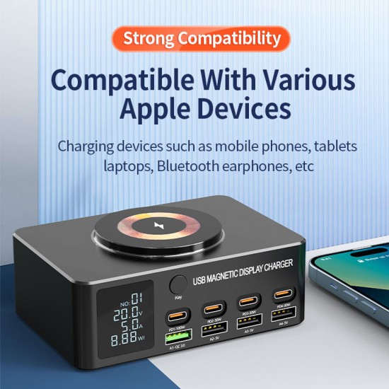 POWERTECH σταθμός φόρτισης PT-1625 με οθόνη, 4x USB/4x USB-C/wireless, 140W, μαύρος