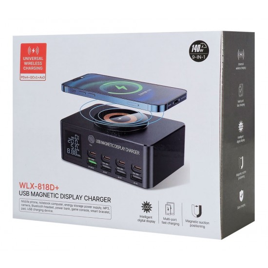 POWERTECH σταθμός φόρτισης PT-1625 με οθόνη, 4x USB/4x USB-C/wireless, 140W, μαύρος