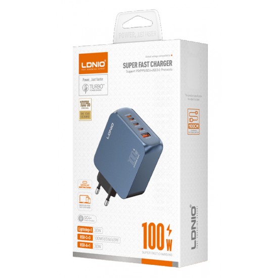 LDNIO φορτιστής τοίχου Q8 με καλώδιο USB-C, USB/Lightning/3x USB-C, GaN, 100W, μπλε