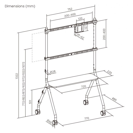 BRATECK βάση τηλεόρασης δαπέδου FS66-46F-01, 37-86", έως 80kg, με ράφι & ροδάκια