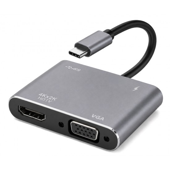 POWERTECH docking station CAB-UC101, 4 θυρών, USB-C, 4K, 100W, γκρι