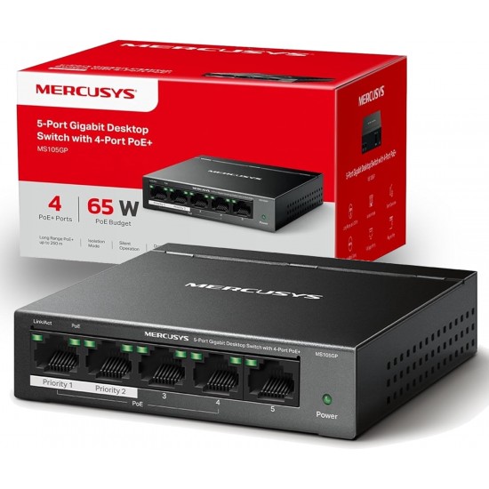 MERCUSYS Desktop Switch MS105GP, 5x 10/100/1000 Mbps, PoE+, V.3.0