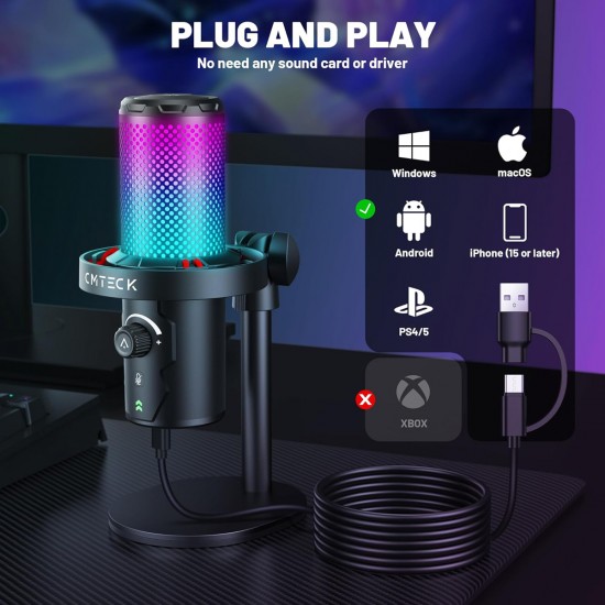 CMTECK επιτραπέζιο μικρόφωνο XM560, καρδιοειδές, USB/USB-C, RGB LED, μαύρο