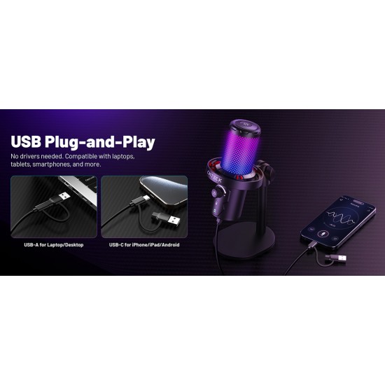 CMTECK επιτραπέζιο μικρόφωνο XM560, καρδιοειδές, USB/USB-C, RGB LED, μαύρο