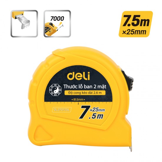 DELI μετροταινία DL270725L με κλείδωμα & clip ζώνης, 7.5m x 25mm