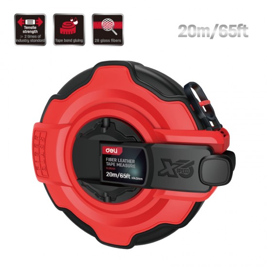 DELI μετροταινία DL9920Y με μηχανισμό αναδίπλωσης, fibreglass ταινία, 20m/65ft x 14.5mm