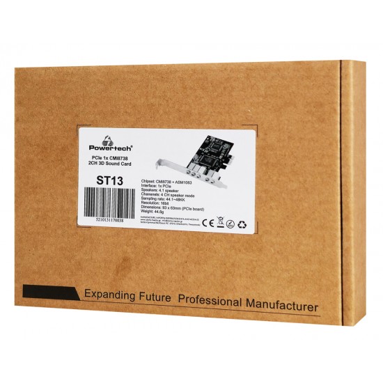 POWERTECH κάρτα επέκτασης ήχου PCIe σε 2x channel audio ST13, CMI8738 + ASM1083