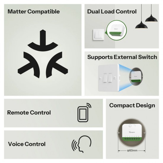 SONOFF smart διακόπτης MINI DUO, 2 κανάλια, WiFi, συμβατός με Matter, 16A, λευκός