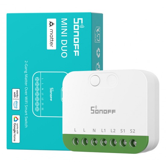 SONOFF smart διακόπτης MINI DUO, 2 κανάλια, WiFi, συμβατός με Matter, 16A, λευκός