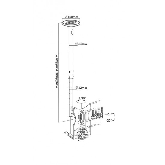 BRATECK βάση τηλεόρασης οροφής LCD-504A, 23-42", έως 30kg