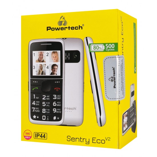 POWERTECH κινητό τηλέφωνο Sentry Eco V2, dual SIM, πλήκτρο SOS, λευκό
