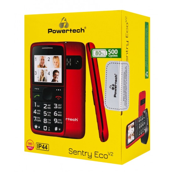 POWERTECH κινητό τηλέφωνο Sentry Eco V2, dual SIM, πλήκτρο SOS, κόκκινο