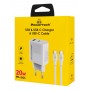 POWERTECH φορτιστής τοίχου PT-1635 με καλώδιο, USB/USB-C, 20W, λευκός