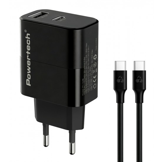 POWERTECH φορτιστής τοίχου PT-1638 με καλώδιο, USB/USB-C, 30W, GaN, μαύρος