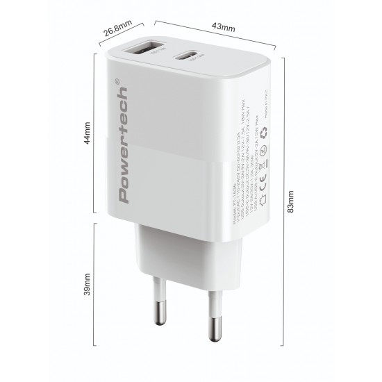 POWERTECH φορτιστής τοίχου PT-1636 με καλώδιο, USB/USB-C, 30W, GaN, λευκός