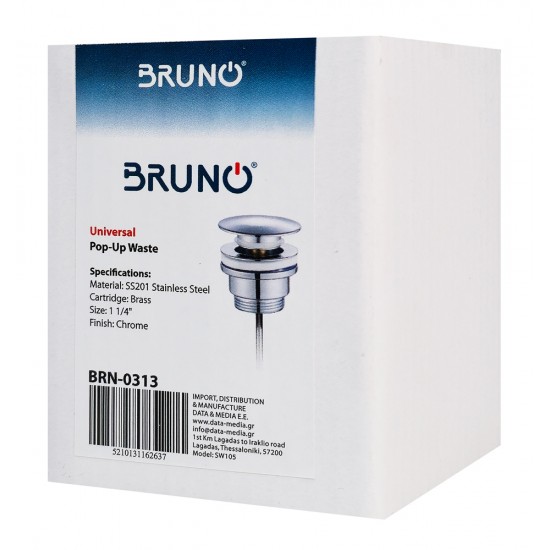 BRUNO βαλβίδα νιπτήρα Pop Up BRN-0313, 1-1/4", ανοξείδωτο ατσάλι, χρωμέ