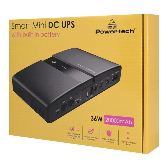 POWERTECH mini DC UPS PT-1634, 36W, 20000mAh, 3x DC, USB/USB-C, PoE/LAN, μαύρο