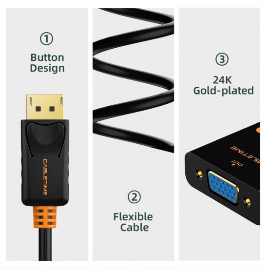CABLETIME αντάπτορας DisplayPort σε VGA CT-AV586-03G, 1080p/60Hz, μαύρος