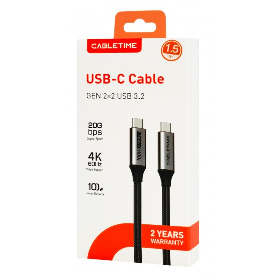 CABLETIME καλώδιο USB-C CT-C160-PU31-CMCM2, USB 3.2, 100W, 20Gbps, 4K, 1.5m, μαύρο