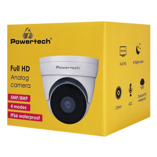 POWERTECH υβριδική κάμερα CCTV PT-1587 με μικρόφωνο & υπέρυθρα, 5MP, 2.8mm, IP66