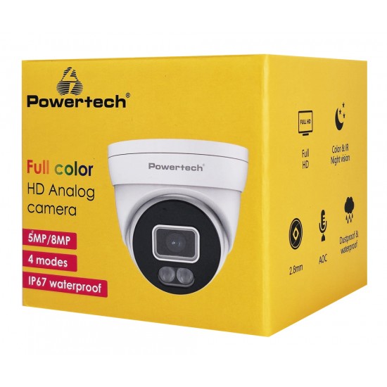 POWERTECH υβριδική κάμερα CCTV PT-1584 με μικρόφωνο & Full Color λειτουργία, 5MP, 2.8mm, IP67