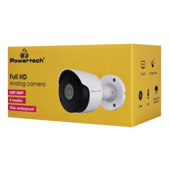 POWERTECH υβριδική κάμερα CCTV PT-1588 με μικρόφωνο & υπέρυθρα, 5MP, 2.8mm, IP66