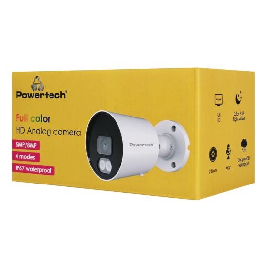 POWERTECH υβριδική κάμερα CCTV PT-1583 με μικρόφωνο & Full Color λειτουργία, 5MP, 2.8mm, IP67