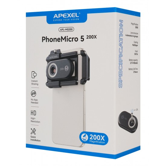 APEXEL φακός μικροσκόπιο για smartphone APL-MS200, 200x zoom, LED/UV